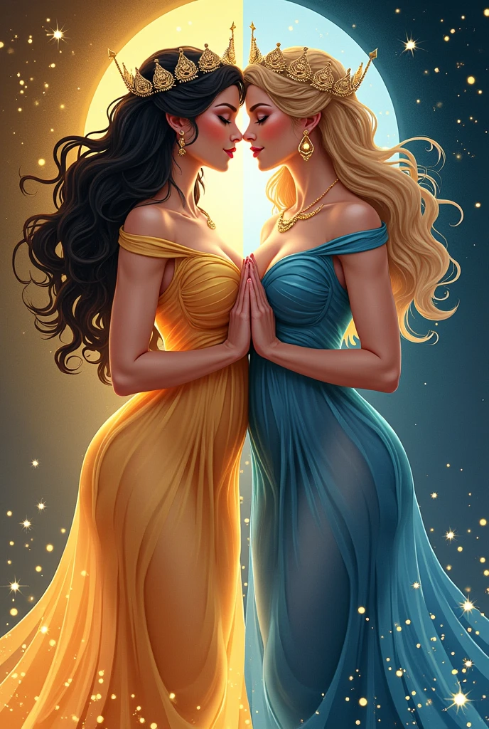 Flat vector of 2 sexy busty godsesses. They are looking at each other with yearning desire. Pressing their breasts against each other. One is goddess of the day and is on the left side of the image. The other is goddess of the night and is on the right side of the image. They are both wearing elegant dress that represent their domains. the image is split in the middle. highly detailed