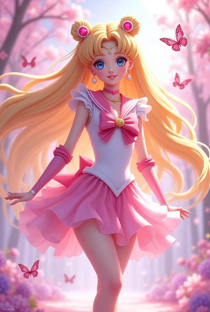 Sailor  Moon anime .. Long and loose yellow hair.. with a short pink dress.. with glass slippers... with pearl earrings .. a fine diamond necklace... pink spring background.. some pink purple butterflies 