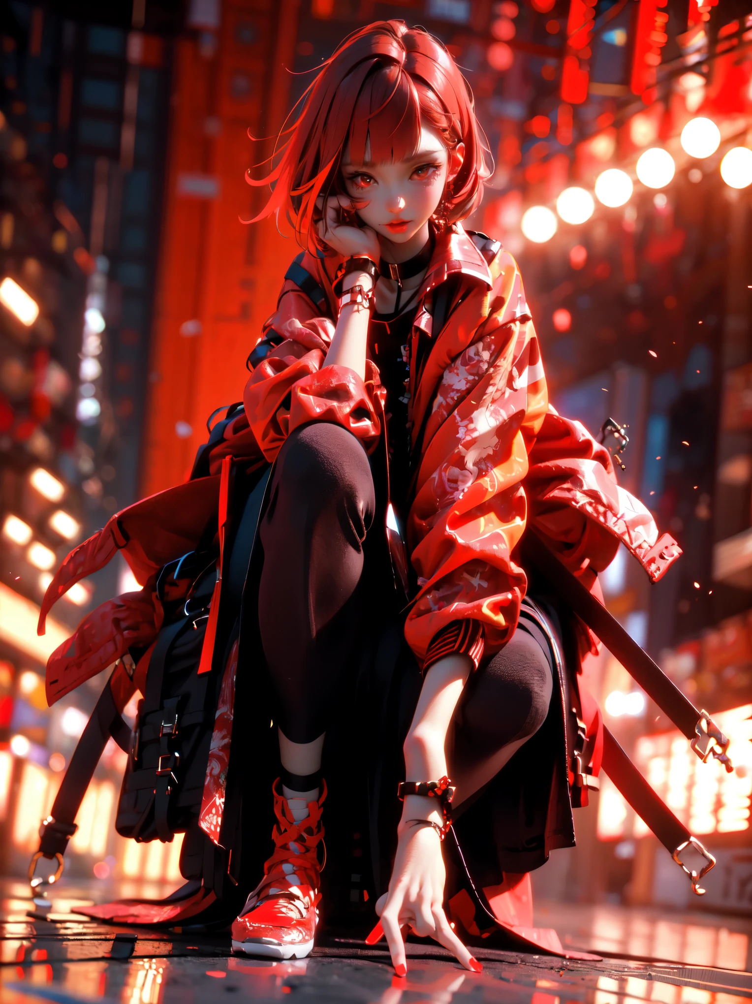 (masterpiece:1.2), Highest quality,CG,3d, Samurai Girl,
One person, Red eyes, Earrings, alone, multicoloRedhead, jewelry, View your viewers, Blurred, whole body, bangs, Redhead, Jacket, squat, Blurred background, choker, short hair, Long sleeve, Red nails, Mouth closed, Red footwear, Floral print, red Jacket, Striped Hair,knife
 