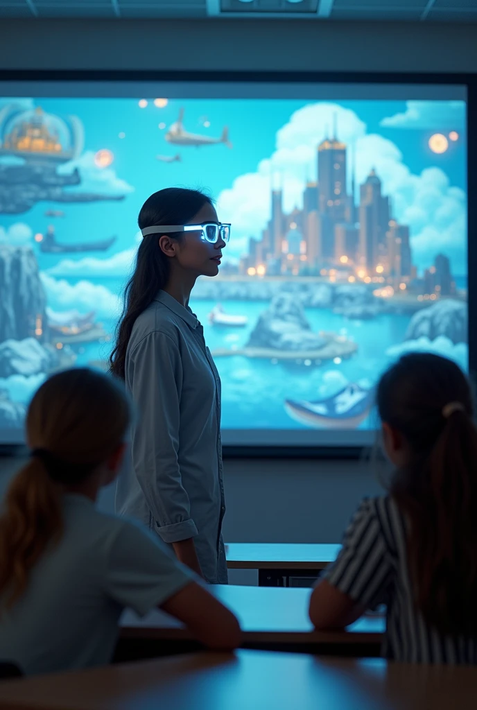 Girl in front of the class with artificial intelligence glasses explaining her ideal dream for a presentation and the other students manage to see projected what she explains in a futuristic way and her teacher next to her