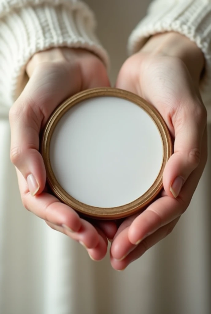 hands holding a round picture frame