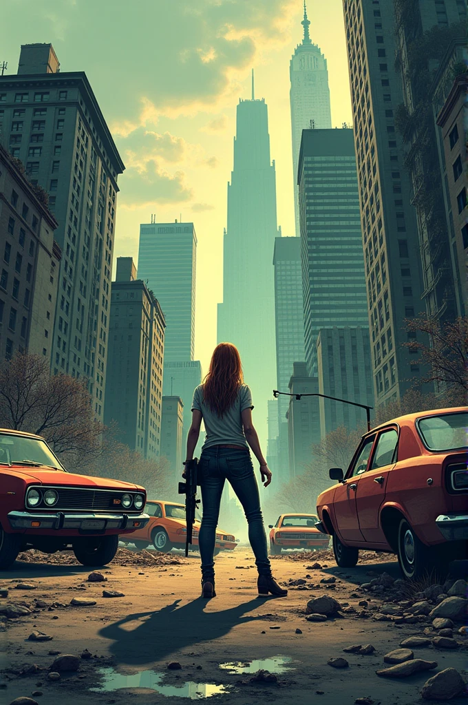 Destroyed cities, zombie apocalypse, full of zombies and several cars scattered around with an armed woman in the middle, comic book