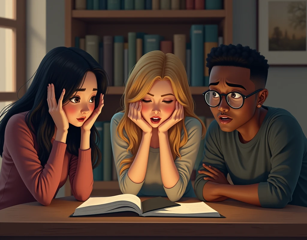 three people, a 40-year-old Asian woman, a blonde woman with long hair, and a black man with glasses with short hair, one of them with his hands on his head, the three of them with a look of astonishment, surprised, happy, sitting around a table looking at a book with a black cover on a table, they are in a study room, behind them a library, realistic image, in HD