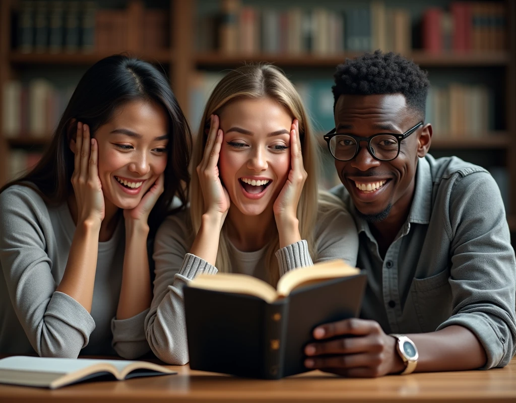 three people, a 40-year-old Asian woman, a blonde woman with long hair, and a black man with glasses with short hair, one of them with his hands on his head, the three of them with a look of astonishment, surprised, happy, sitting around a table looking at a book with a black cover on a table, they are in a study room, behind them a library, realistic image, in HD