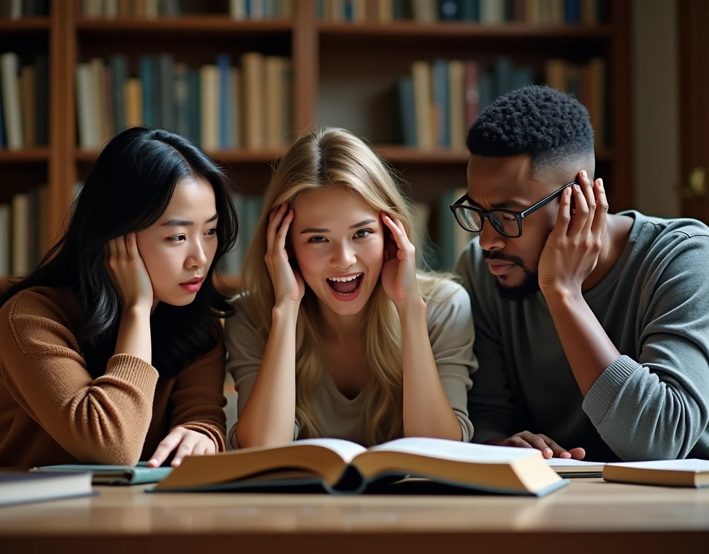 three people, a 40-year-old Asian woman, a blonde woman with long hair, and a black man with glasses with short hair, one of them with his hands on his head, the three of them with a look of astonishment, surprised, happy, sitting around a table looking at a book with a black cover on a table, they are in a study room, behind them a library, realistic image, in HD