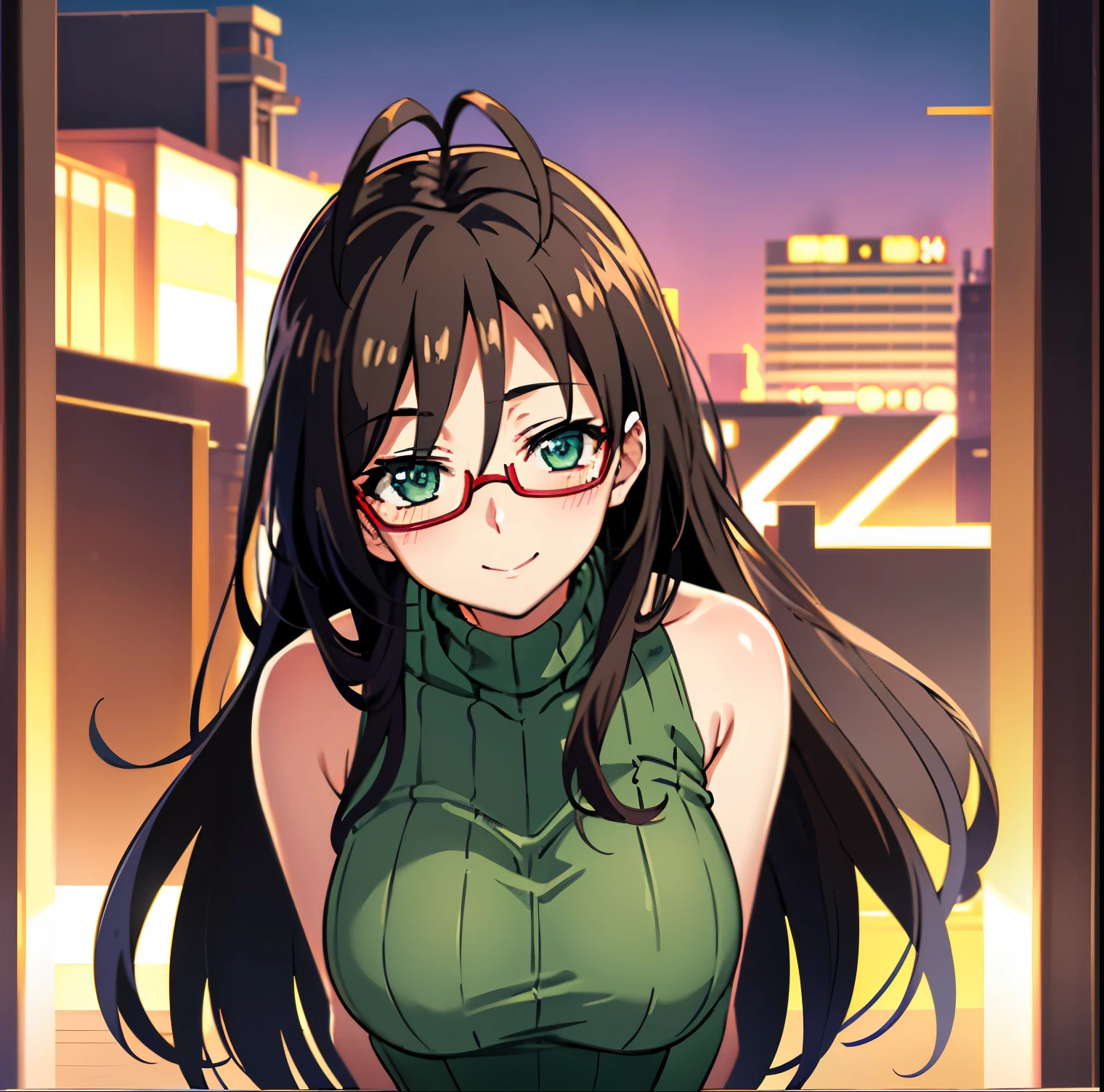 1girl,alone, chisato Hasegawa,( 4k detailed), (masterpiece), (ultra quality), (ultra detailed), (best illustration), (best shadow), (extremely detailed), (absurdities), (detailed background) , , glasses, alone, long hair, red-rimmed glasses, half-rimmed glasses, turtleneck, smile, under-rimmed glasses, black hair, bare shoulders, brown hair, antenna hair, sleeveless turtleneck, big beasts, full body, green eyes, green sweater, looking at viewer, head on, focus on hips, pov (from below) innocent smile, blush, outdoors, night, sexy body, sexy posture, perfect anatomy, perfect hands