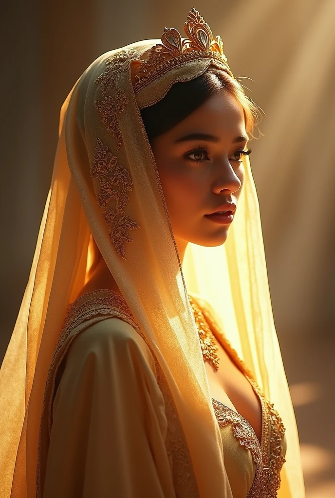  (Best quality, 4K, 8K, high-res, masterpiece:1.2): A radiant and divine woman dressed in luxurious, regal attire, with a beautifully adorned headscarf. Her face is breathtakingly beautiful, with features reminiscent of a celestial being, glowing with inner light. She stands with grace and elegance, her clothing detailed with intricate patterns and golden embroidery, evoking the majesty of a queen. (Ultra-detailed, photorealistic, ethereal beauty, royal attire, heavenly light).