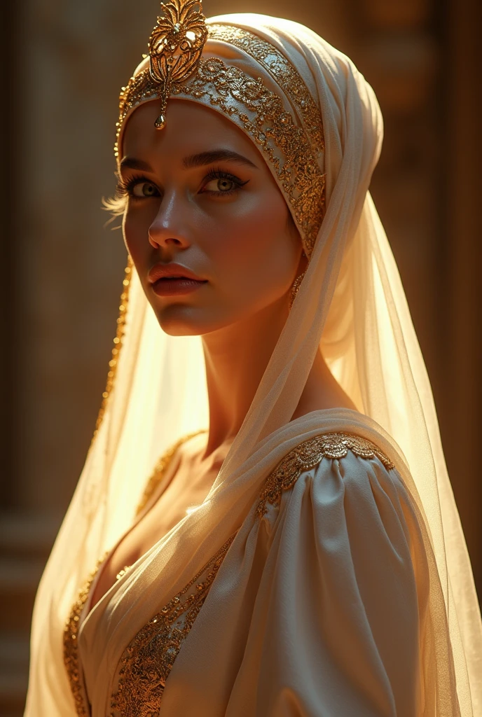  (Best quality, 4K, 8K, high-res, masterpiece:1.2): A radiant and divine woman dressed in luxurious, regal attire, with a beautifully adorned headscarf. Her face is breathtakingly beautiful, with features reminiscent of a celestial being, glowing with inner light. She stands with grace and elegance, her clothing detailed with intricate patterns and golden embroidery, evoking the majesty of a queen. (Ultra-detailed, photorealistic, ethereal beauty, royal attire, heavenly light).