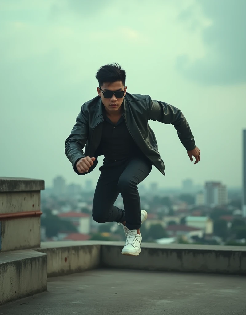 Create a film still with a indonesian young man sunglasses  leaping across a rooftop in a high-octane action scene, reminiscent of 'Mission: Impossible.' Use a wide-angle lens and intense lighting to capture the tension and excitement, photo taken using Panavision DXL2, 28mm lens, Establishing shot, muted color grading, cinemascope, drama, high quality, ultra detailed, 8k resolution, hyper - realistic photography,