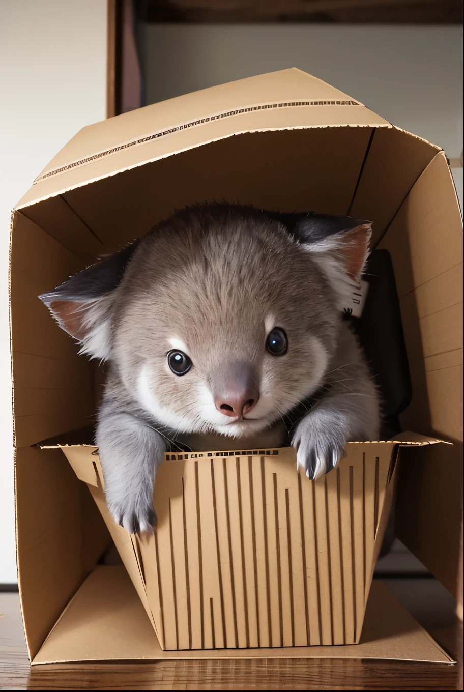 Japanese anime、Inside a cardboard boxに入ったコアラの子ども、Abandoned koala、Inside a cardboard box、