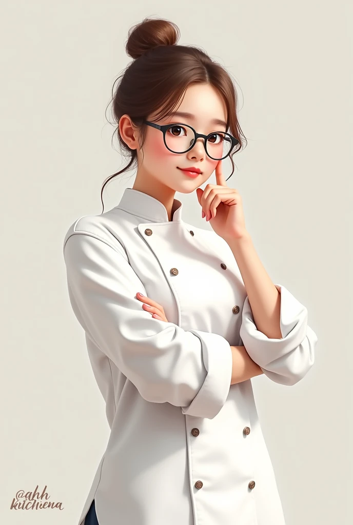 Young female cook, with glasses, with arms crossed and with the writing "@ahhkitchen" In the bottom left corner