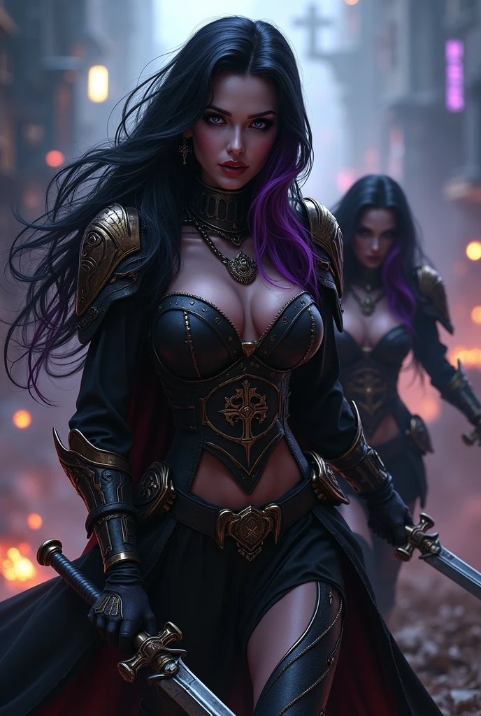 Masterpiece, Best Quality, Official Art, (Highly Detailed CG Unity 8k wallpaper), Detailed background, (Hands by Guido Daniele: 1.1). Full body pose sexy sisters of battle from the warhammer 40k, shooting at the enemy, white armor with intricate details, red armor with intricate details, religous symbols on the armor, sisters of battle, warhammer 40k, Massive silicone breast, pale skin, seductive, temptation, eat your soul, clevage, long flowing black hair with purple highlights, heavy gothic makeup, at night, neon, beautiful detailed eyes, beautiful detailed lips, extremely detailed eyes and face, long eyelashes, highly detailed armor, intricate futuristic weaponry, dramatic lighting, cinematic composition, muted color palette, gritty and realistic, mecha, science fiction, hyper-detailed, photorealistic, award winning digital art, 8k, HDR, masters work, in the middle of a battle field, full body combat action pose, explosions and fire around, full war, stunning, Stilleto heels, high heels, full body pose, cinematic, movie trailer, final stand!, nemesis, ready to strike, dust and debree, combat screams, attacking, shooting at the enemy, running forward, last line of defense, charging, fanatic, religious, templar knights, sisters of battle, warhammer 40k