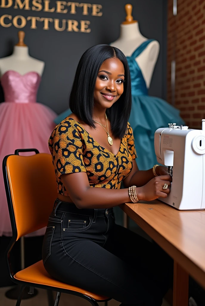 A captivating image of a beautiful dark-skinned African woman sitting behind her machine and sewing on her sewing machine and looking at the camera. She is wearing a black and orange color Ankara top with black jeans and a pair of black Snickers. She is wearing a gold necklace and earrings. Her hair is a shoulder-length black hair. Images of children's ball gowns are displayed on a dummy in her office. On a signboard in her office is written"Damselette Couture" correctly and boldly written