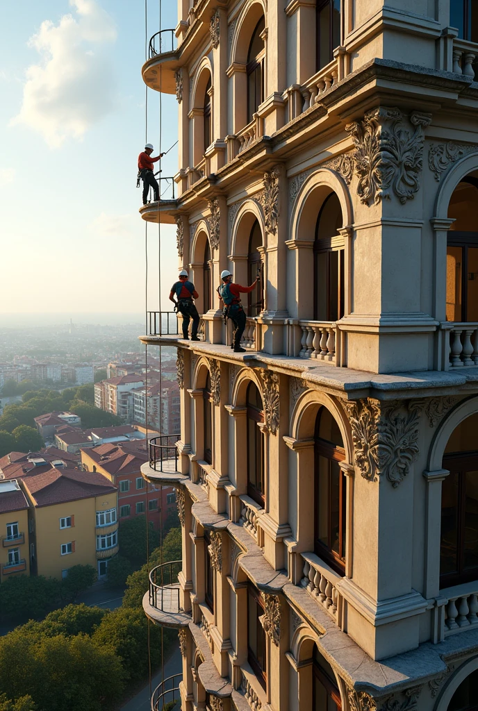 A group of rope access workers cleaning a building in Mexico