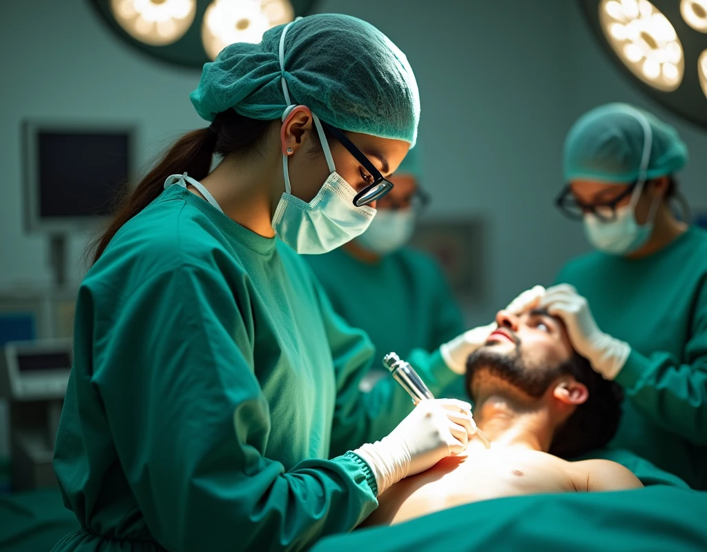 Katrina Kaif as surgeon, wearing green scrubs, wearing surgical mask and skull cap, wearing surgical glasses, performing heart surgery on male patient, in operation theatre, fullbody view, cutting the chest with scalpel,