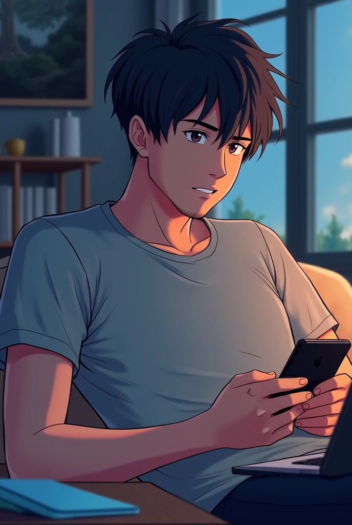 Anime cool gamer guy with stubble on his mustache, dark hair wearing a grey t-shirt playing on his phone in his room tablet on the table