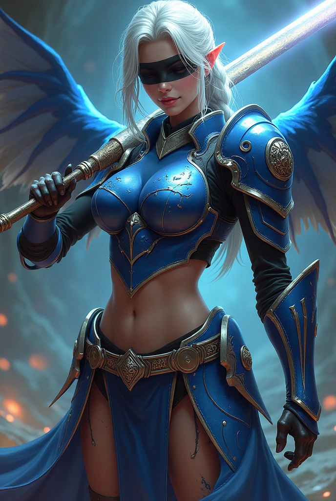 ("Lenneth":"2B":1.6), (merge characters "2B" and "Lenneth":1.37), solo, 1girl, BREAK: hip-length silver hair in a loose braid, (damaged armor), ((full body gold trimmed sapphire blue mechanical armor)), (boob window:1.27), (blue plate armor helmet), black blindfold covering eyes under helmet, (thigh cutouts), ((long tattered loin skirt:)), heelless armored boots, gold and silver wings, BREAK: in fighting poses, holding spear (glows with runes:1.32), light smile, BREAK: deep dungeon interior setting, BREAK: beautiful lips, gorgeous pale skin, best hands, insanely detailed, masterpiece, best quality, sharp background details
