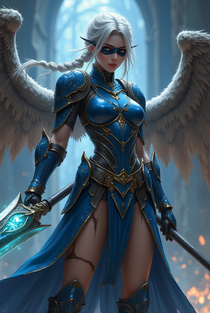 ("Lenneth":"2B":1.6), (merge characters "2B" and "Lenneth":1.37), solo, 1girl, BREAK: hip-length silver hair in a loose braid, (damaged armor), ((full body gold trimmed sapphire blue mechanical armor)), (boob window:1.27), (blue plate armor helmet), black blindfold covering eyes under helmet, (thigh cutouts), ((long tattered loin skirt:)), heelless armored boots, gold and silver wings, BREAK: in fighting poses, holding spear (glows with runes:1.32), light smile, BREAK: deep dungeon interior setting, BREAK: beautiful lips, gorgeous pale skin, best hands, insanely detailed, masterpiece, best quality, sharp background details
