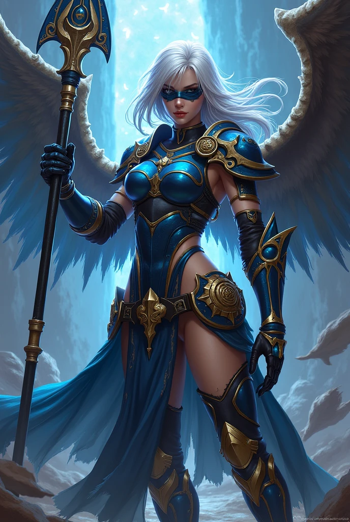 ("Lenneth":"2B":1.6), (merge characters "2B" and "Lenneth":1.37), solo, 1girl, BREAK: hip-length silver hair in a loose braid, (damaged armor), ((full body gold trimmed sapphire blue mechanical armor)), (boob window:1.27), (blue plate armor helmet), black blindfold covering eyes under helmet, (thigh cutouts), ((long tattered loin skirt:)), heelless armored boots, gold and silver wings, BREAK: in fighting poses, holding spear (glows with runes:1.32), light smile, BREAK: deep dungeon interior setting, BREAK: beautiful lips, gorgeous pale skin, best hands, insanely detailed, masterpiece, best quality, sharp background details