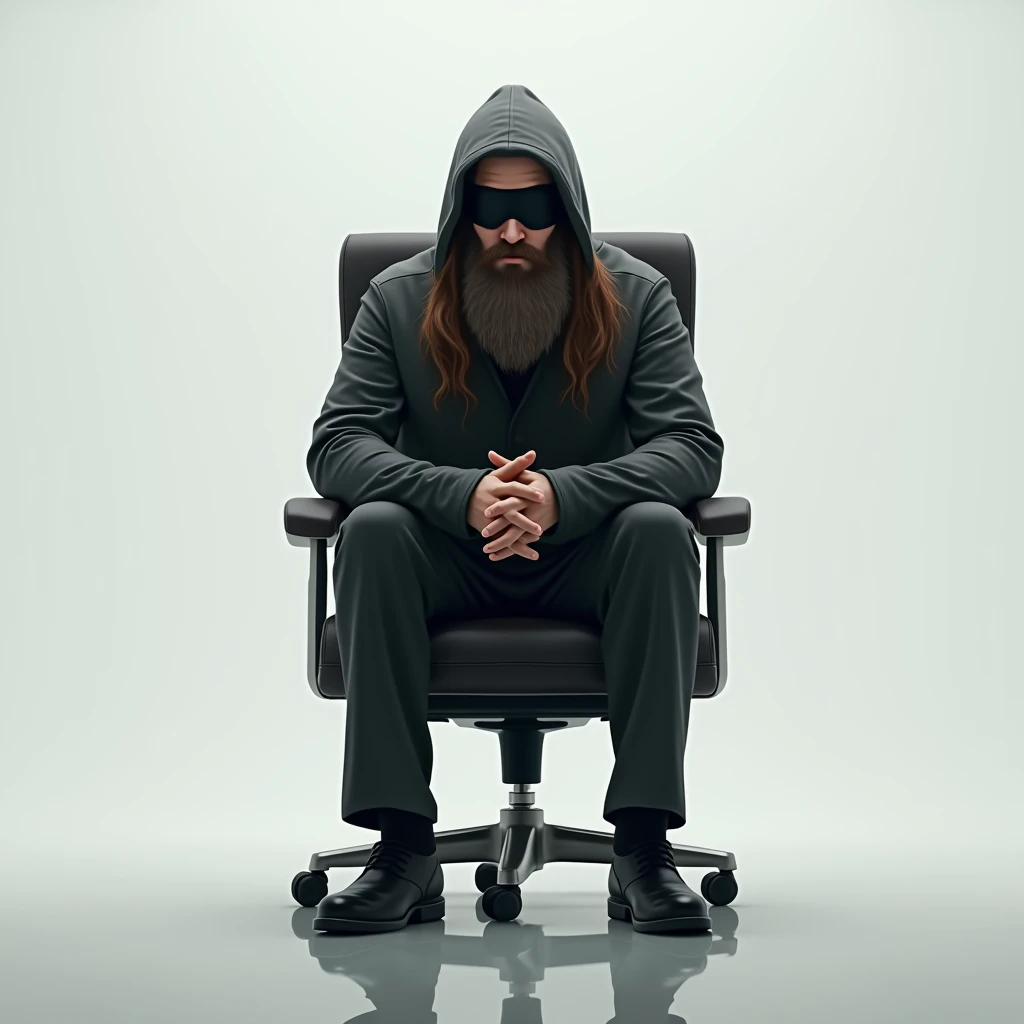 A man with long wavy hair, with a medium beard of brown color, almost white, with a black blindfold on. He is wearing a simple outfit with a hood on his head., sitting in an office chair in a white room and with hands clasped closed with making a reflection.