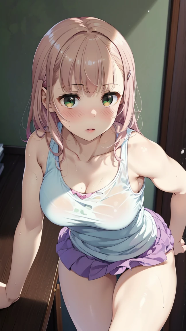 One girl, Natural light, masterpiece, Very detailed, figure, Game CG, Absurd, high quality, kinomoto sakura, (1 girl), Medium chest, Beautiful attention to detail, Glossy Lips, Natural light, fluffy short blonde hair, Messy Hair, Green Eyes, Are standing, Leaning forward, v neck tank top