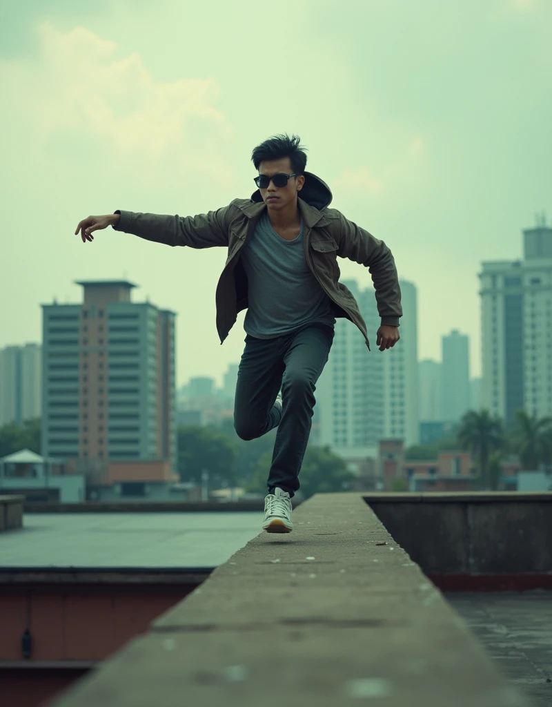 Create a film still with a indonesian young man sunglasses leaping across a rooftop in a high-octane action scene, reminiscent of 'Mission: Impossible.' Use a wide-angle lens and intense lighting to capture the tension and excitement, photo taken using Panavision DXL2, 28mm lens, Establishing shot, muted color grading, cinemascope, drama, high quality, ultra detailed, 8k resolution, hyper - realistic photography,