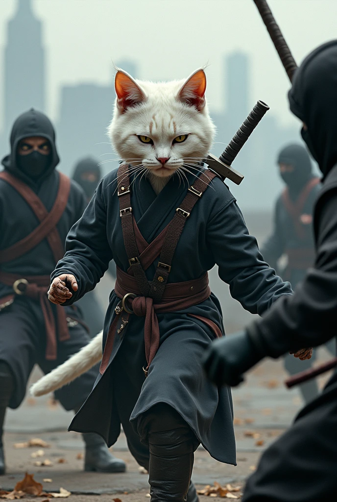 A white female cat dressed in ninja dress with scar across eyes and anger in eyes and sword on back fights with ninjas In masks on roof and defeats everyone