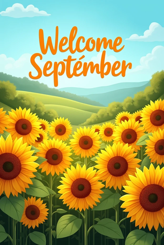 Sunflowers that say "Welcome September" in Spanish.