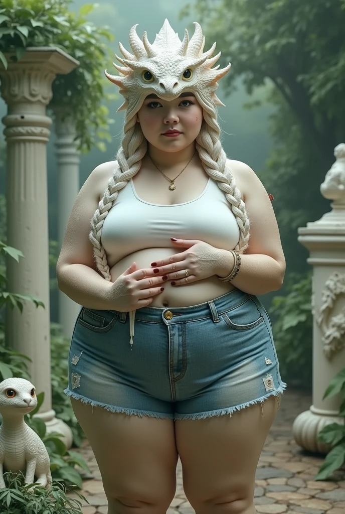 a flabby young woman as a ((dragon devotee)) with ((french braids)) as a ((gelatinous horror dripping alien creature)),dressed in white tank top,blue denim shorts,textured fabric,visible brand writing,white sculptures,classical columns,artistic space,diffuse natural light,standing straight,hands together,direct gaze,outdoor shot,eye-level angle,soft lighting,in a enchanted forest with talking animals and magical creatures,hyperrealistic   Papier-mache art by Jim Lee 