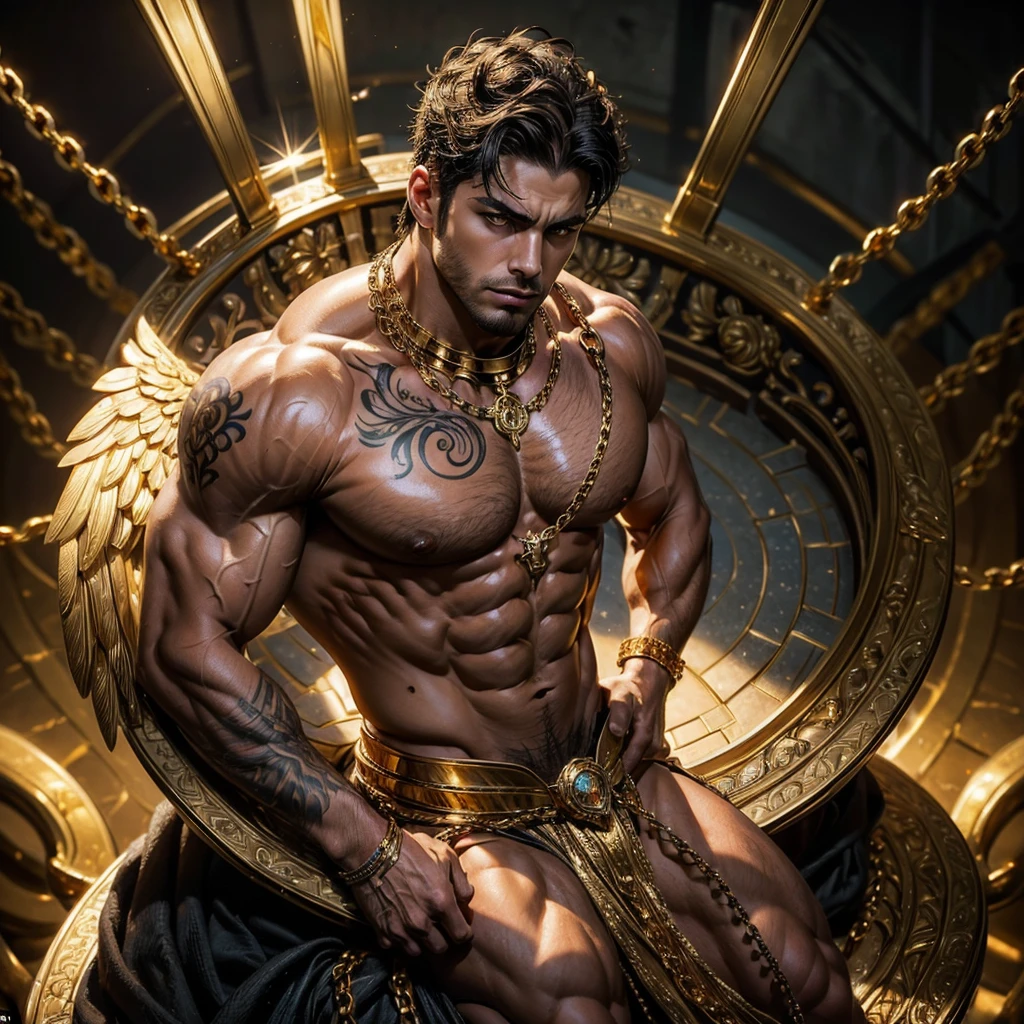 A muscular handsome young man is imprisoned in a darkest place, extremely muscular body, perfect body, large chest, largest pectorals, big nipples, well-defined abs, shiny smooth skin, Sexy gaze, (looking at the viewers romantically), sexy posture, above his head is a golden halo ring, he is bathed in golden sacred light coming from above, (a gold crown on his head, his body is shackled with gold chains, gold finger rings, hands and neck are shackled with golden chains at back, two angelic golden wings on his back, full tattooed body, a voluptuous golden brief with a band of gold with sparkling gemstones, (bulge: 1.2)). He has short black hair. This scene looks like something out of the realm of fantasy or legend seen from above, (full body view),