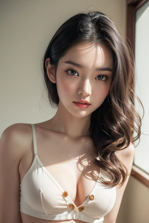 Top quality, RAW Photo, Highest Quality Image, 16K, Full body, Age 22, Realistic, Photorealistic, Beautiful Asian woman, Sexy, body, White pale skin, Black Hair,, Wavy hairstyle, Modern hairstyles, Detailed face, Detailed body, Detailed skin, Double eyelids, Very Big eyes, long eyelashes, bright eyes, green eyes, natural lips, detailed lips, Saggy breasts, Very Small breasts, Flat Breasts, long shape breasts, posing in bedroom studio, sunny day light, wearing white see through crop top with all buttons are unbuttoned, no bra, Has Tattoo on the top of rhe chest