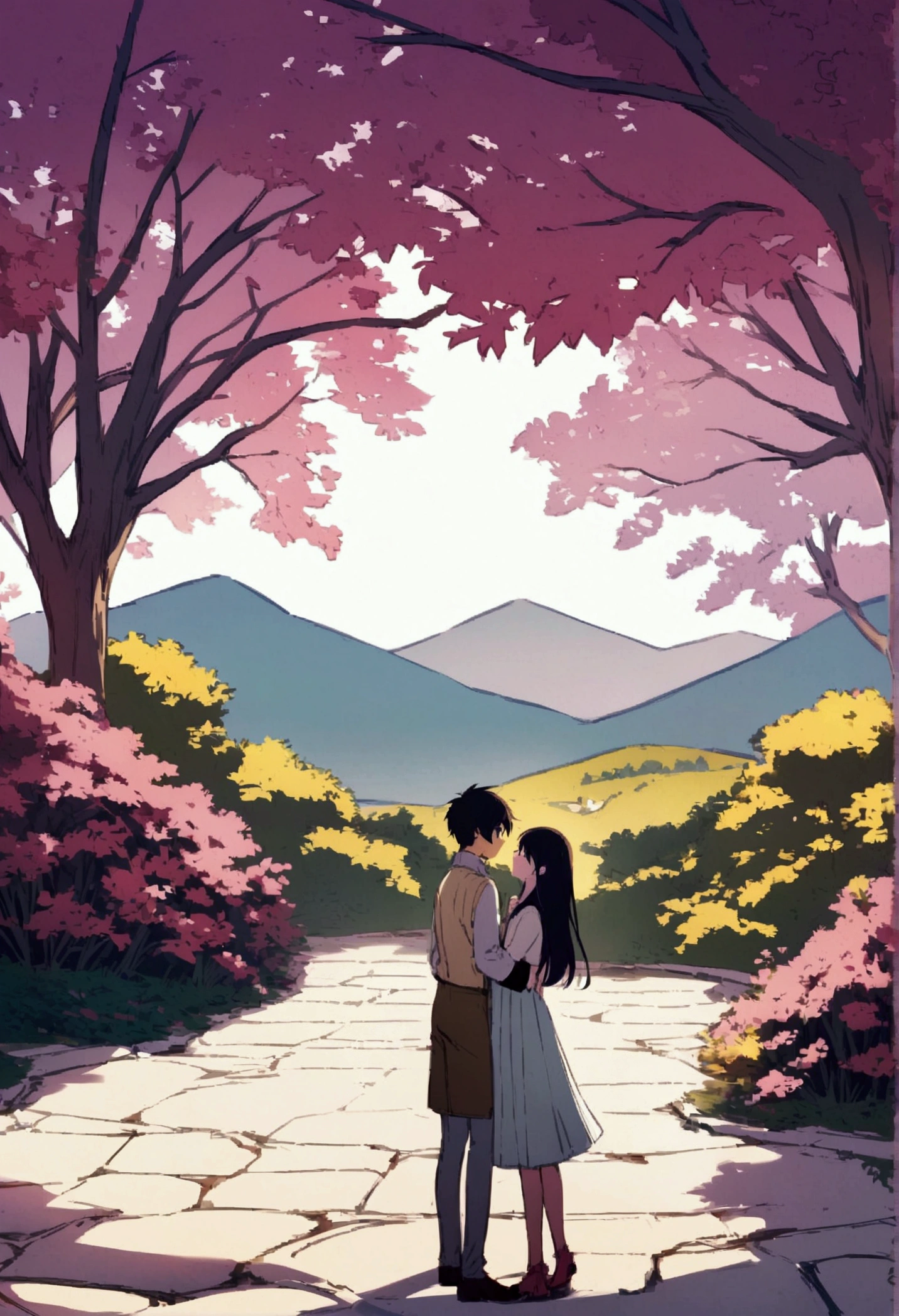 Create a young anime couple, in a landscape setting 