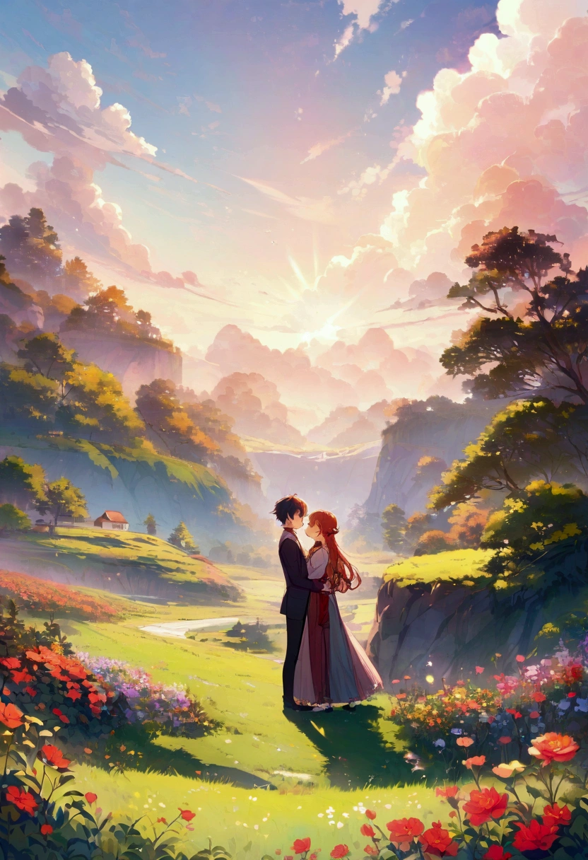 Create a young anime couple, in a landscape setting