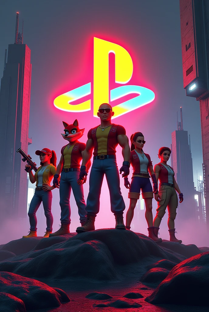 size": "1024x1024", "prompt": "A specific scene with characters inspired by Crash Bandicoot, Mega Man, Ryu, Lara Croft, and the characters for Super Nintendo in a realistic and dynamic style. The characters are heroically positioned in front of a bright, stylized PlayStation logo.. The background is a sleek, high-tech environment with a mix of dark and neon colors., emphasizing the essence of classic games with a 3D touch and shadows that bring the scene to life.