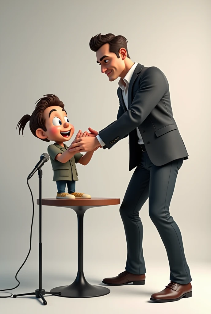 (photorealism:1.2), handsome man shiting a table with mic cartoon character 18 edge firnt side