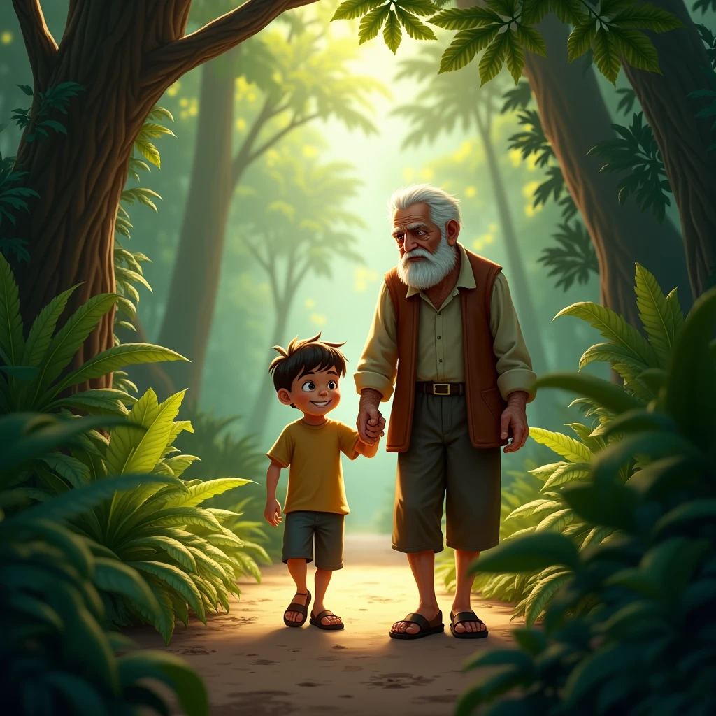 young boy helpin old man in jungle