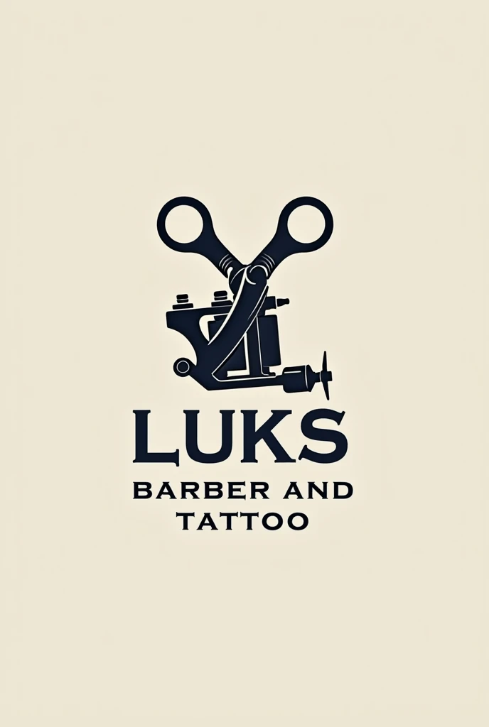 Logo for my barbershop and tattoo business with a tattoo machine and scissors as the name "Luks Barber and tattoo" with neutral colors