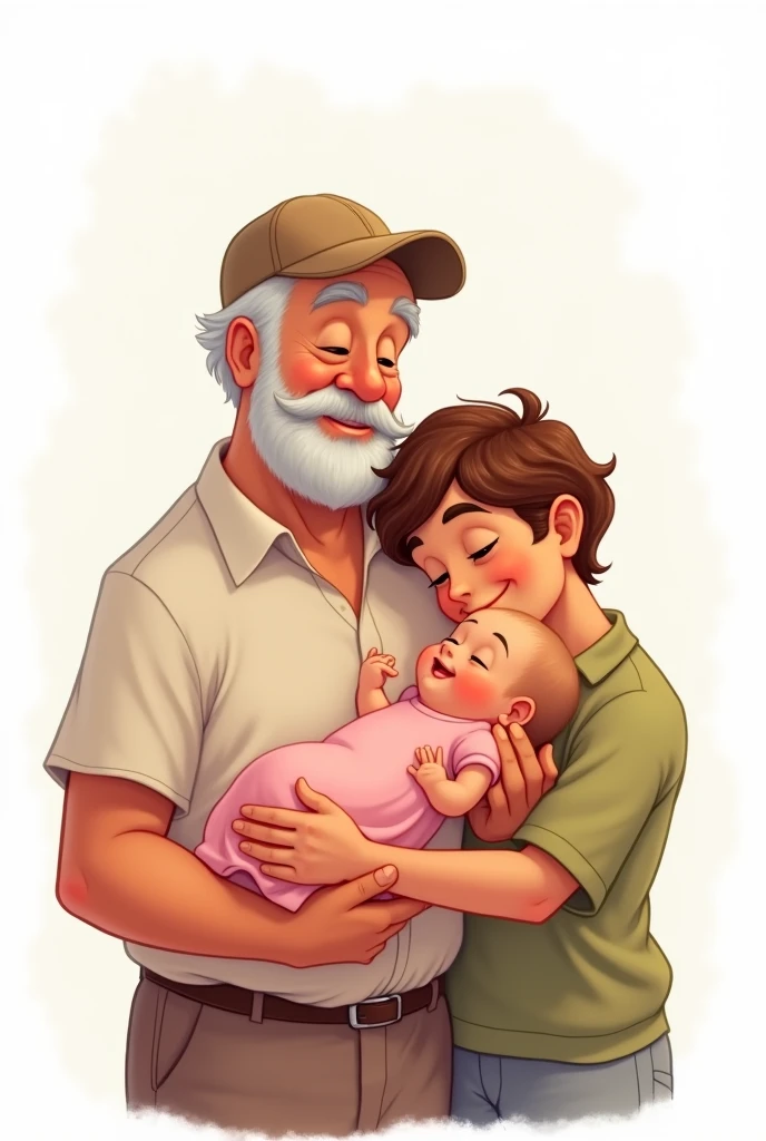DISNEY-STYLE CARTOON OF LOVING GRANDFATHER IN A CAP WITH AN ADULT MALE GRANDSON AND NEWBORN GRANDAUGHTER IN A PINK DRESS ON A WHITE BACKGROUND