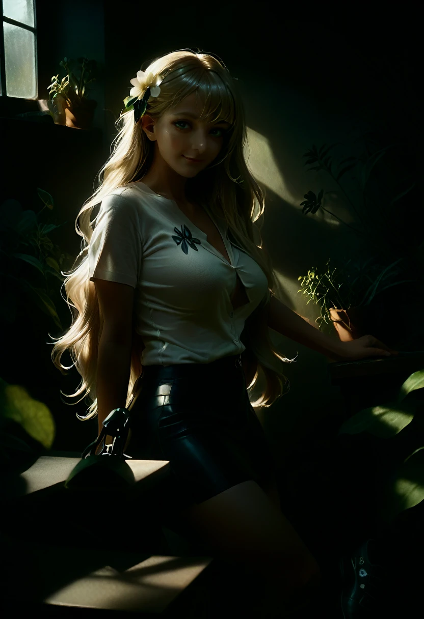 It's working, Best quality, girl, long hair alternative, absurdly long hair, blonde hair, bow hair, sea green eyes, seductive smile, language, black eyes, long eyelashes, big breasts, mole on chest, White shirt, short black skirt, shoes, during, hair tape, flower tape, hair_tape, hair_tape, hair_flower