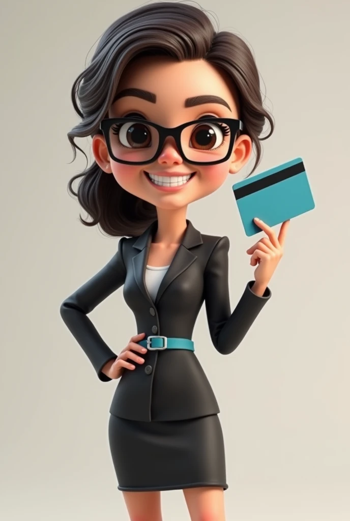 A full body 3D cartoon character. She has a friendly and charismatic appearance. The character is a young woman with fair skin, loose dark brown hair, thick eyebrows, large brown eyes and wears glasses. She is smiling confidently. The character is dressed formally, wearing a black dress with a blue sash at the waist. She is holding a credit card sign in her hand. Your posture and relaxed posture suggest confidence and ease. The background of the image is neutral, which highlights the character even more.
