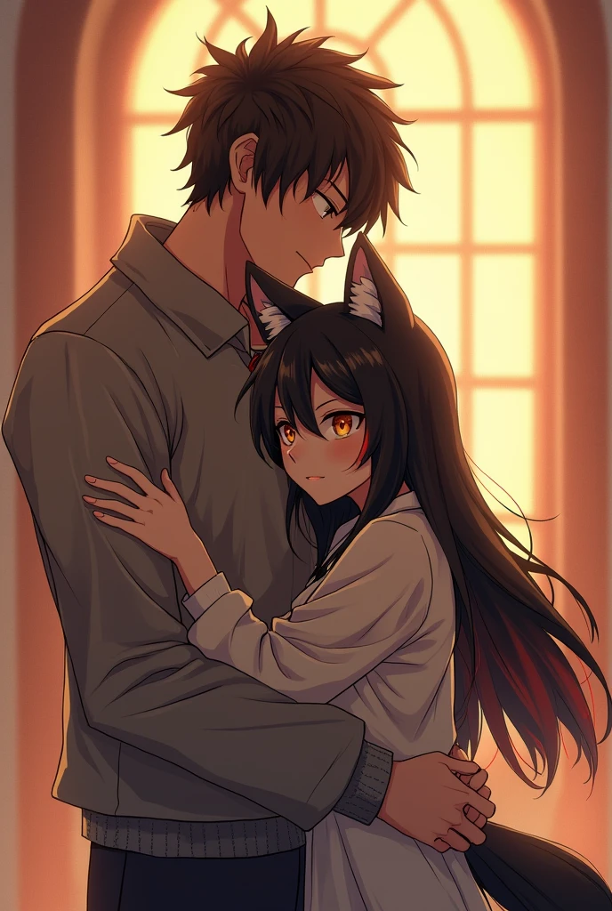ookami mio, a fair-skinned wolf with black hair with a red streak and pale skin and golden eyes, She hugs the brown man who is taller than her, golden eyes and short, dark brown hair