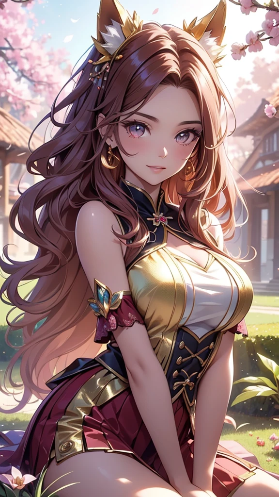 (best quality,4k,8k,highres,masterpiece:1.2),ultra-detailed,(realistic,photorealistic,photo-realistic:1.37),acrylic painting,beautiful Brazilian model in a uniform outfit red and gold with downy hair,beautiful Brazilian model with extremely colorful brown hair and detailed facial features,beautiful Brazilian model standing in a beautiful garden surrounded by a starry sky,pink hair,beautiful Brazilian model wearing a vibrant rose pinkl and gold uniform outfit,beautiful Brazilian model with intricate accessories,cat ears, ,beautiful Brazilian model with long flowing twintails,beautiful Brazilian model with bright brown eyes and rosy lips,beautiful Brazilian model with a joyful expression,beautiful Brazilian model in a dynamic pose with cherry blossoms falling around her,beautiful Brazilian model surrounded by colorful flowers and butterflies,beautiful Brazilian model's school uniform outfit adorned with cute bows and lace details red and gold,beautiful Brazilian model with an enchanting smile,beautiful Brazilian model with soft, pastel-colored shading,beautiful Brazilian model with a magical glow illuminating her,beautiful Brazilian model in a picturesque setting with a winding path leading to a magnificent castle,beautiful Brazilian model with a fairytale-like background,beautiful Brazilian model with a soft, dreamy atmosphere,beautiful Brazilian model with a subtle bokeh effect,beautiful Brazilian model standing under a sunny sky,beautiful Brazilian model with a warm, golden sunset in the background,beautiful Brazilian model surrounded by twinkling stars and colorful nebulae,creating an ethereal and captivating artistic masterpiece, sitting down, facing camera, uniform outfit genshin