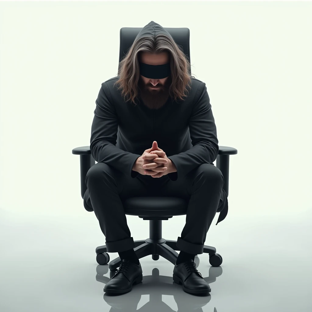 A man with long wavy hair, with a medium beard of brown color, almost white, with a black blindfold on. He is wearing a simple outfit with a hood on his head., sitting in an office chair in a white room and with hands clasped closed with making a reflection.