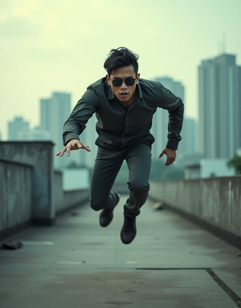 Create a film still with a indonesian young man sunglasses  leaping across a rooftop in a high-octane action scene, reminiscent of 'Mission: Impossible.' Use a wide-angle lens and intense lighting to capture the tension and excitement, photo taken using Panavision DXL2, 28mm lens, Establishing shot, muted color grading, cinemascope, drama, high quality, ultra detailed, 8k resolution, hyper - realistic photography,