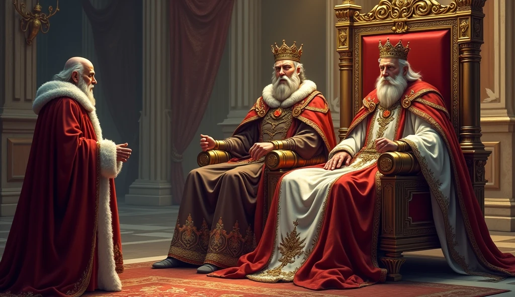A king And the queen They sit on the throne and in front of him stands an old man