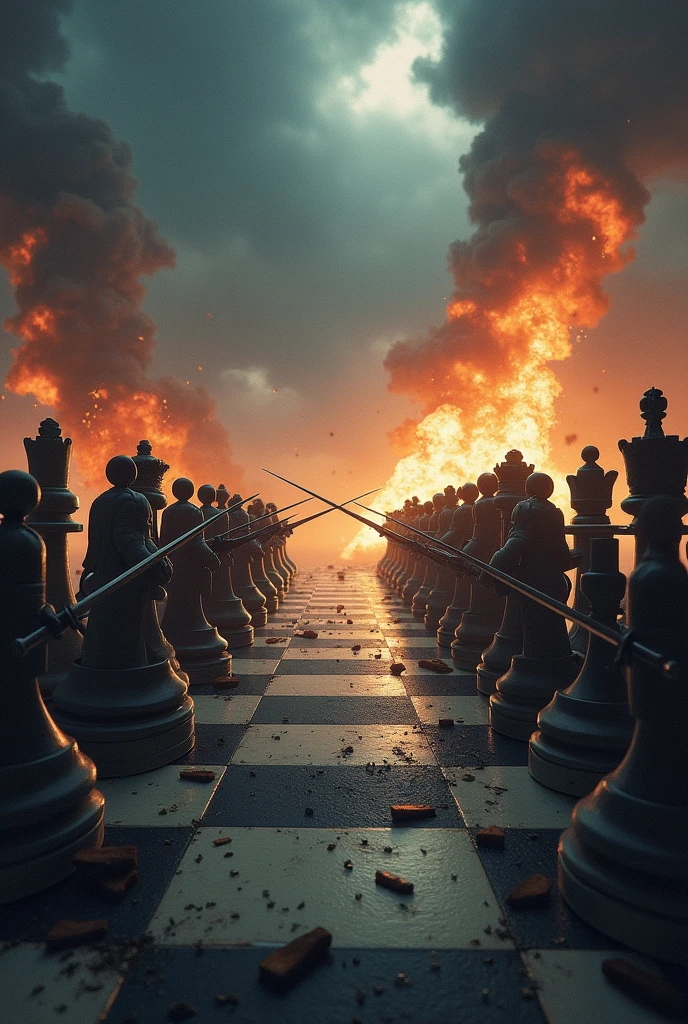 War on a medieval style chessboard with pieces with swords and destruction around and the board being the stage for war, dark sky and explosions 