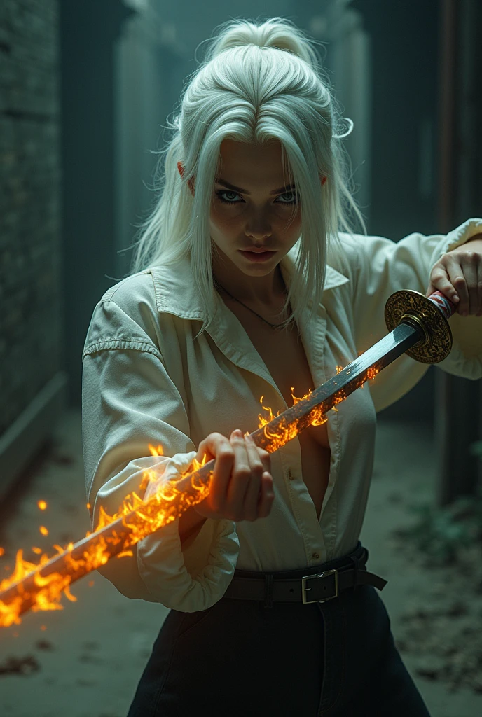A detailed, highly realistic horror scene with a beautiful female protagonist with white hair, ivory skin, holding a katana with gold flames, wearing street clothes in a strong, dramatic pose, (best quality,4k,8k,highres,masterpiece:1.2),ultra-detailed,(realistic,photorealistic,photo-realistic:1.37),female protagonist,white hair,ivory skin,katana with gold flames,street clothes,strong pose,dramatic,horror,cinematic lighting,moody,dark atmosphere