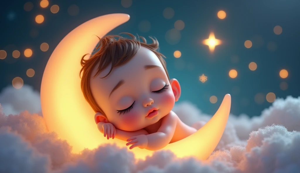 a child listening to a lullaby, gently sitting on a crescent moon in a fairytale space, many stars around, sleeping with eyes closed, cartoon style child, (best quality,4k,8k,highres,masterpiece:1.2),ultra-detailed,(realistic,photorealistic,photo-realistic:1.37),beautiful detailed eyes,beautiful detailed lips,extremely detailed eyes and face,longeyelashes,whimsical,magical,dreamlike,soft lighting,glowing stars,pastel colors,warm tones,ethereal,soothing,peaceful