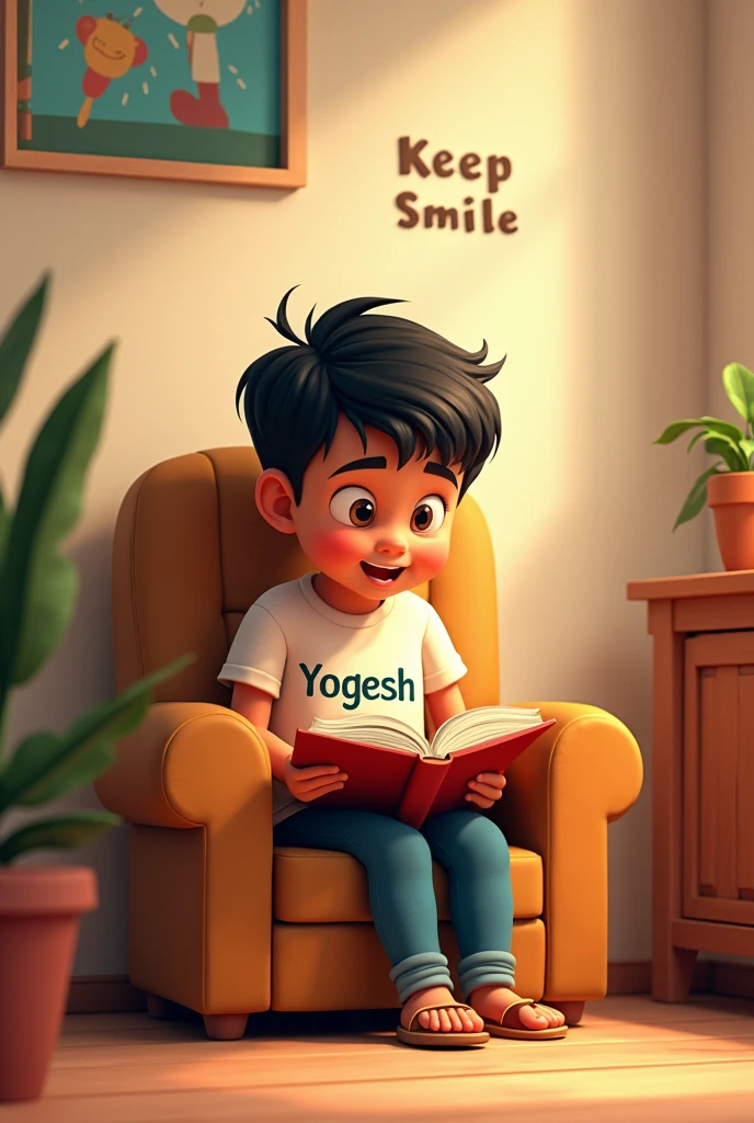 One boy siting in the chair and read the book, the boy name is yogesh written on the t shirt 2d cartoon. Background text keep smile, background is house