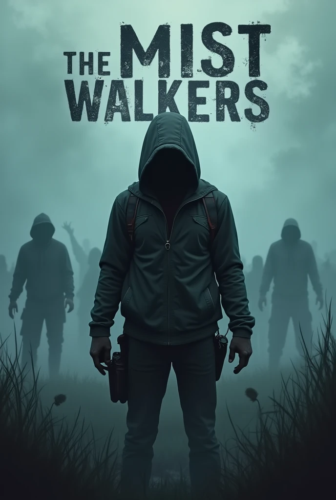 Make a The Walking Dead style zombie book cover called  "The Mist Walkers" dark protagonist
